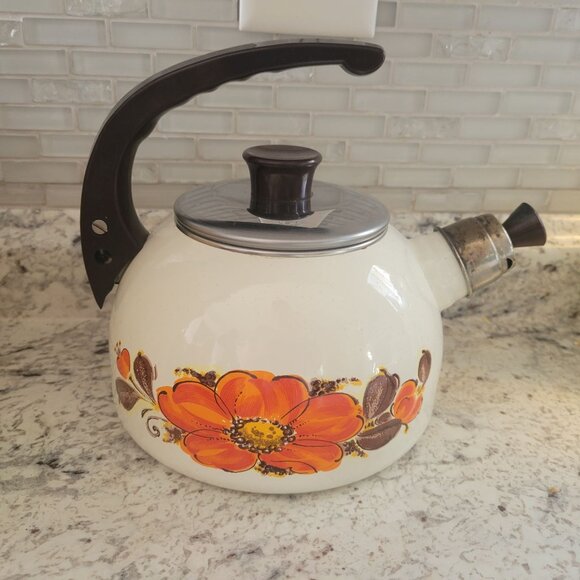 Vintage Sanko White Enamel Tea Kettle With Orange Floral Design & Black Handle - Picture 1 of 6